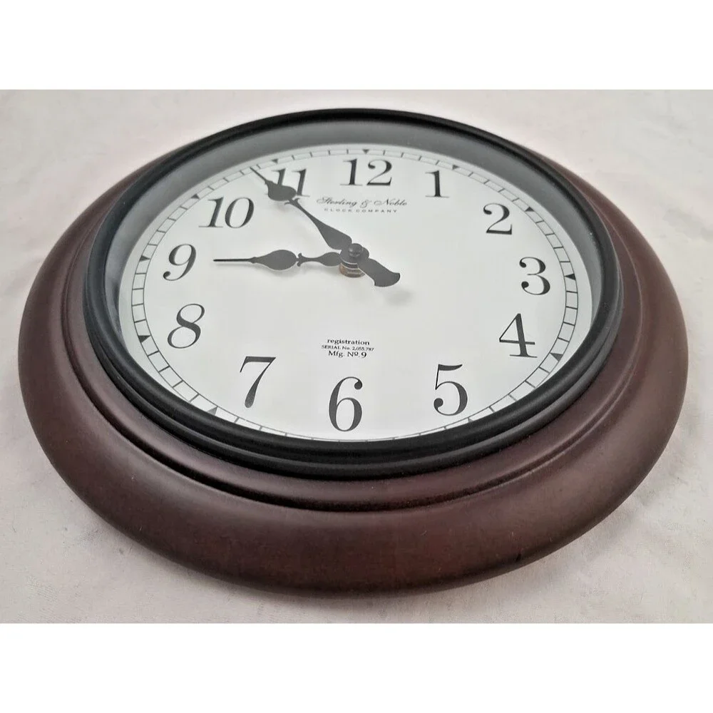 Sterling & Noble Round Wall Clock 12” Dark Walnut Frame Metal Case Excellent